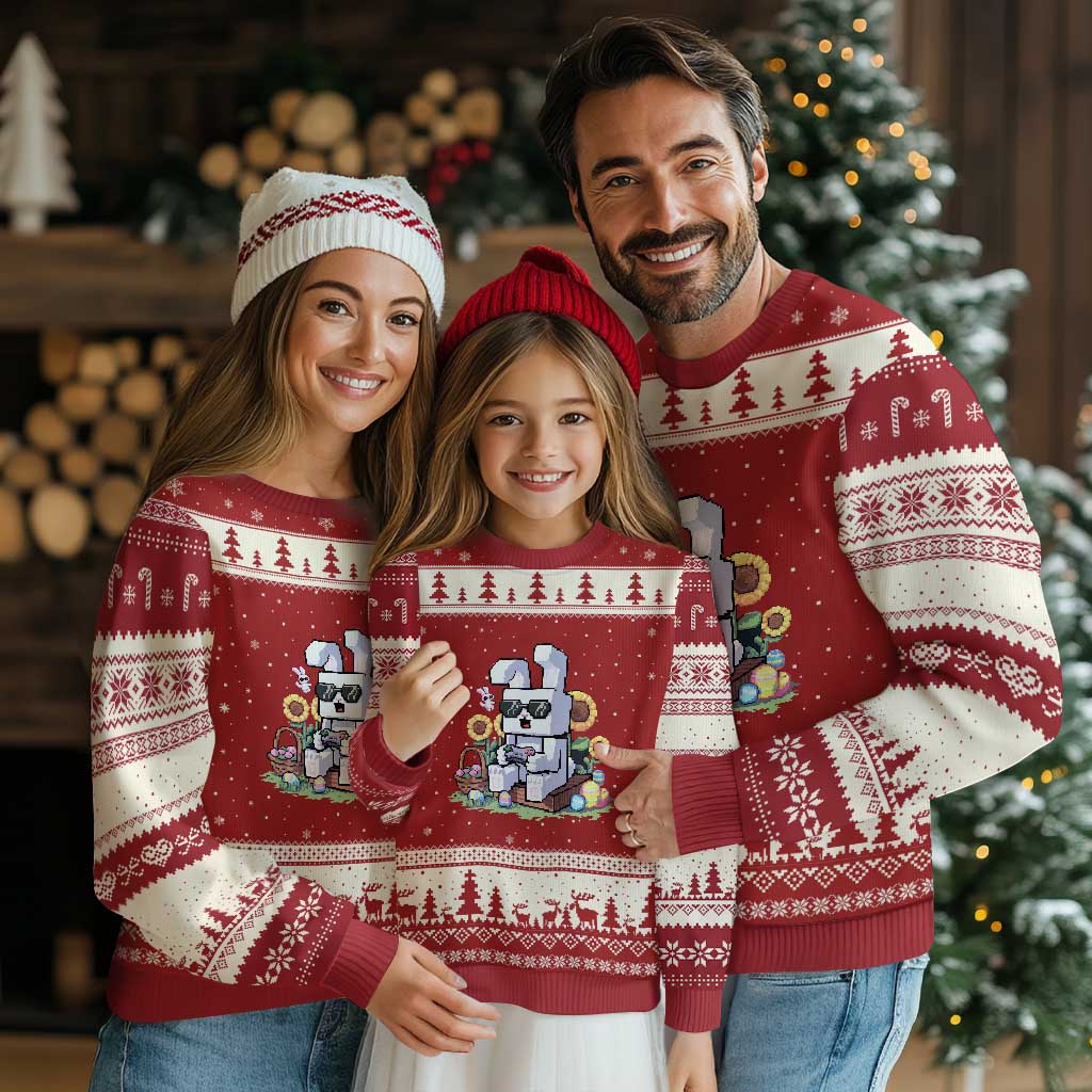 Pixel Art Gamer Bunny Easter Ugly Christmas Sweater Cool Retro Gaming Vibes TS02 Red Beige Print Your Wear