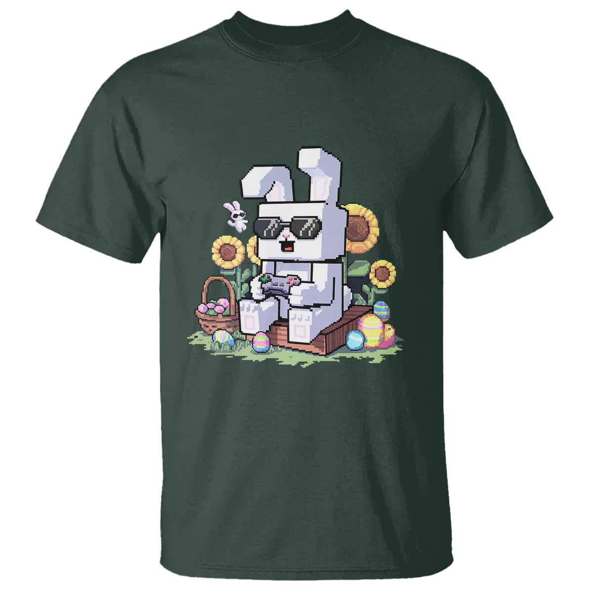 Pixel Art Gamer Bunny Easter T Shirt Cool Retro Gaming Vibes TS02 Dark Forest Green Print Your Wear