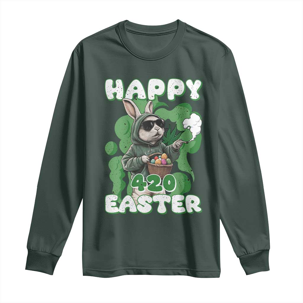 Happy 420 Easter Long Sleeve Shirt Funny Smoking Easter Bunny TS02 Dark Forest Green Print Your Wear