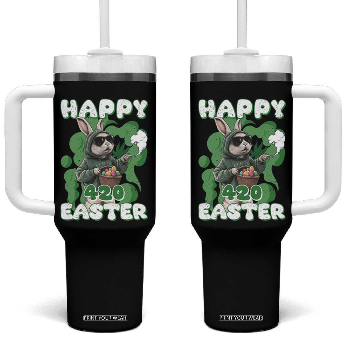 Happy 420 Easter Tumbler With Handle Funny Smoking Easter Bunny TS02 One Size: 40 oz Black Print Your Wear