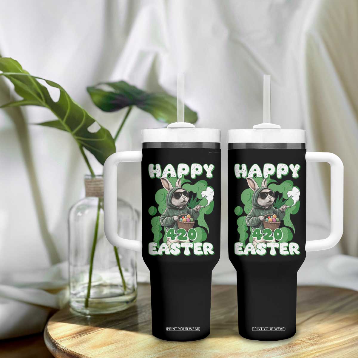 Happy 420 Easter Tumbler With Handle Funny Smoking Easter Bunny TS02 Print Your Wear