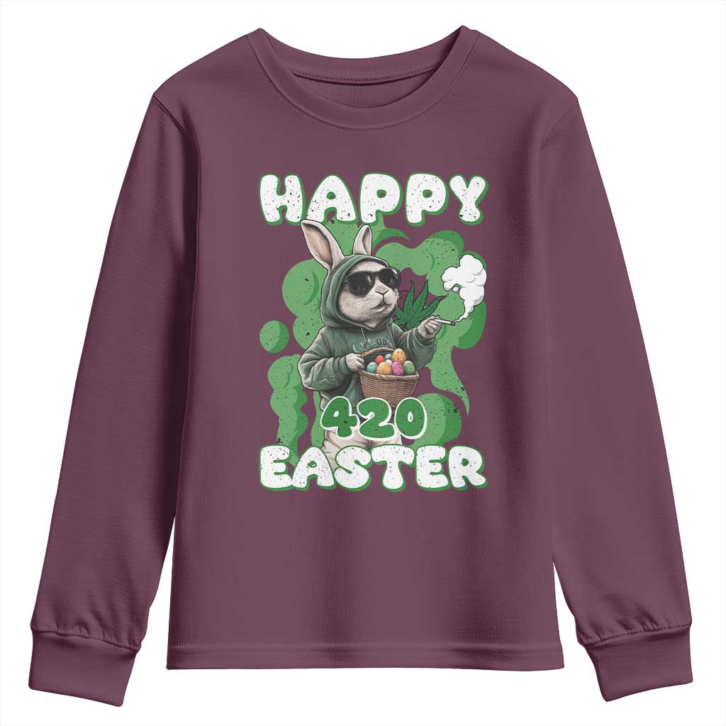 Happy 420 Easter Youth Sweatshirt Funny Smoking Easter Bunny TS02 Maroon Print Your Wear