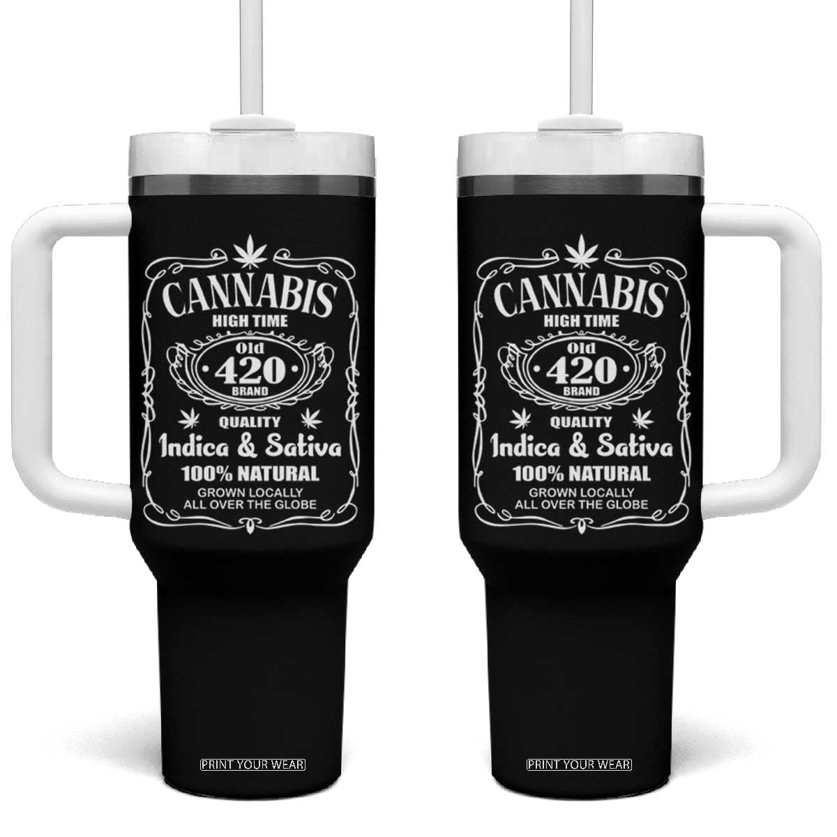 Funny Cannabis High Time Tumbler With Handle Old 420 Indica & Sativa Weed TS02 One Size: 40 oz Black Print Your Wear