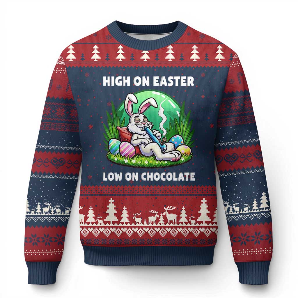 Happy 420 Easter Ugly Christmas Sweater Funny Bunny Marijuana Cannabis Weed TS02 Navy Red Print Your Wear