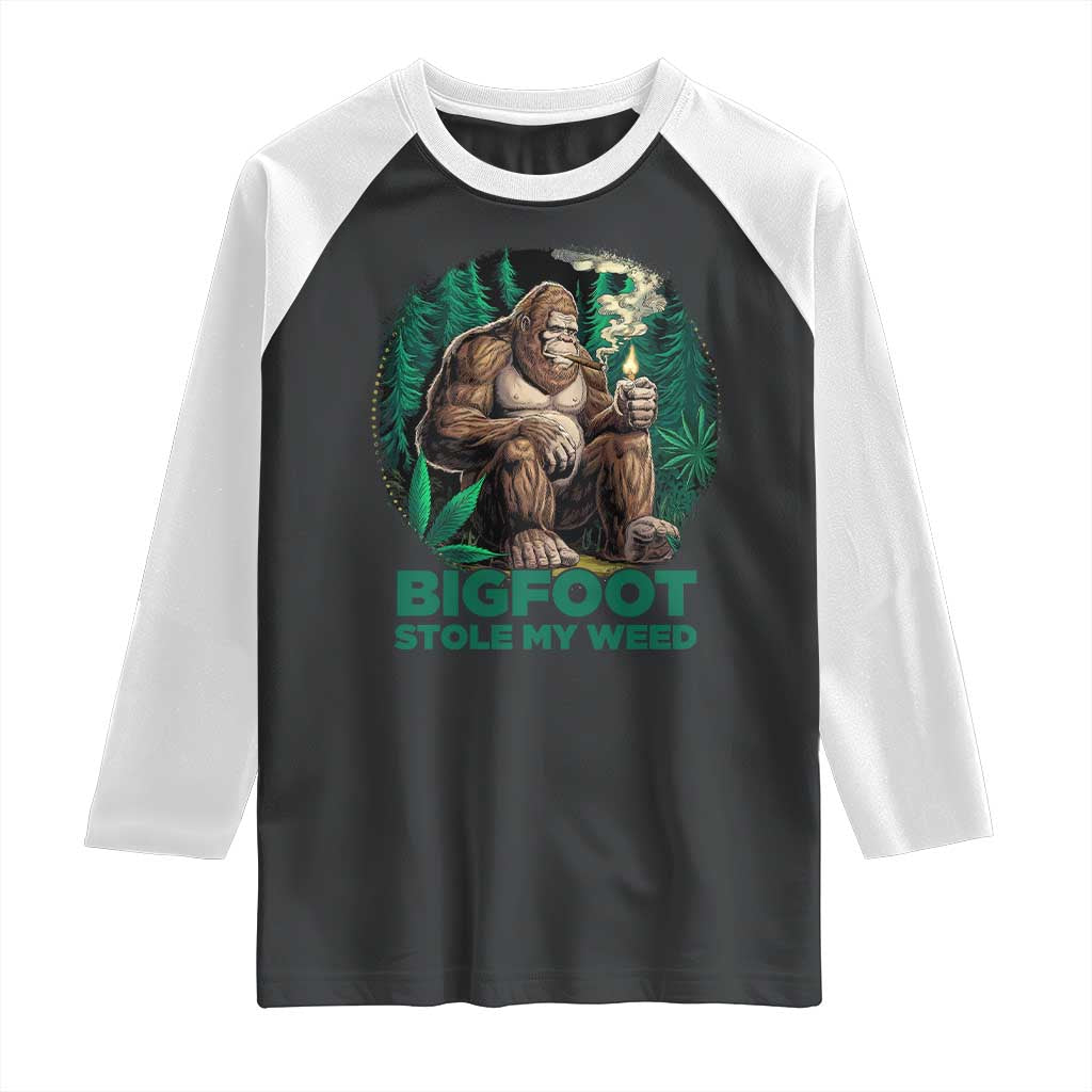 Funny Sasquatch Marijuana Raglan Shirt Bigfoot Stole My Weed Vintage 420 TS02 Black White Print Your Wear