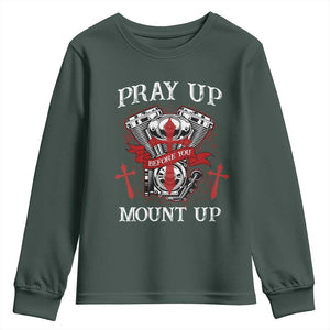 Christian Biker Youth Sweatshirt Pray Up Before You Mount Up Faith TS02 Dark Forest Green Print Your Wear