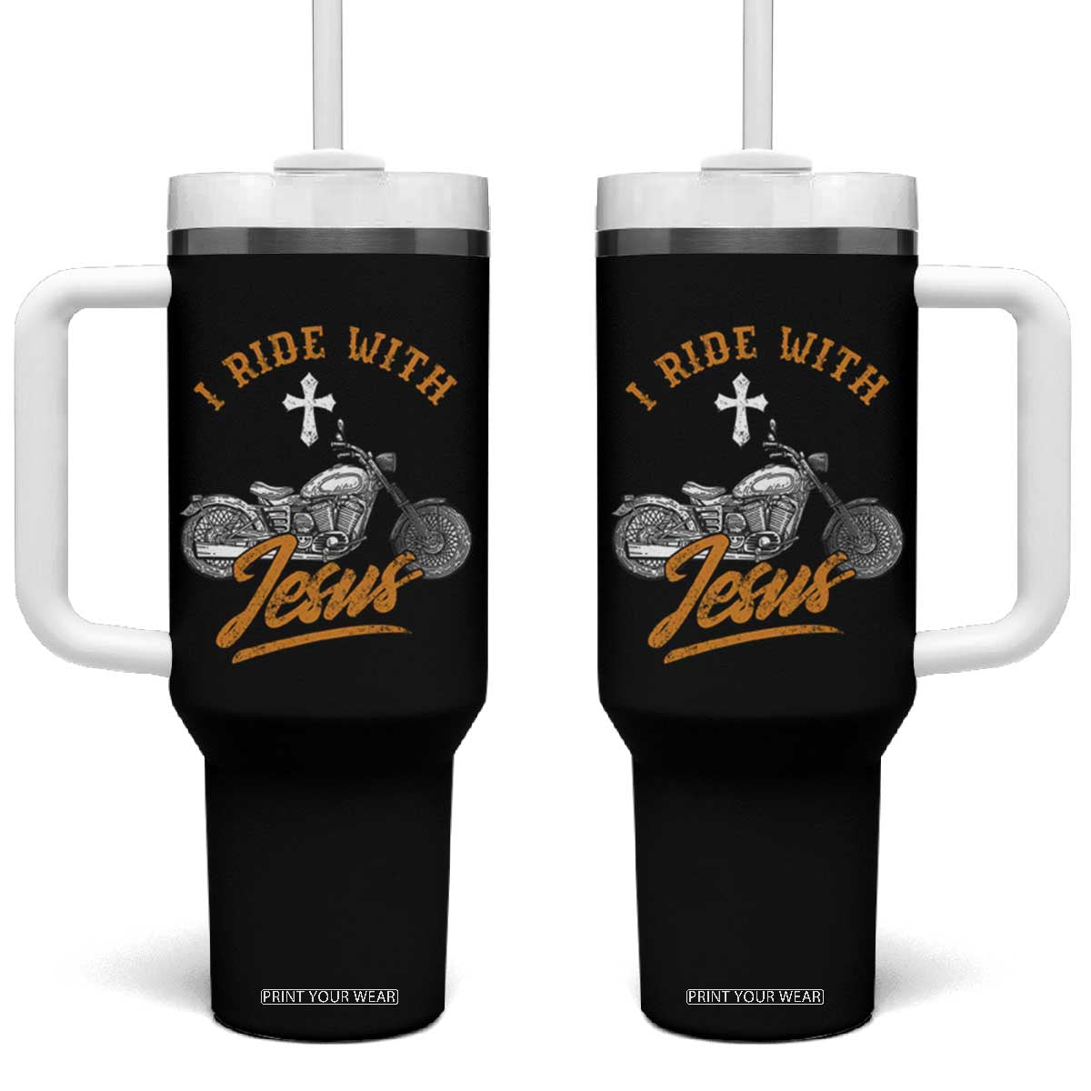 Christian Biker Tumbler With Handle I Ride With Jesus Faith Motorcycle TS02 One Size: 40 oz Black Print Your Wear