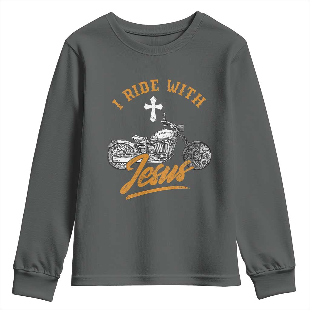 Christian Biker Youth Sweatshirt I Ride With Jesus Faith Motorcycle TS02 Dark Heather Print Your Wear