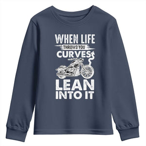 Funny Biker Youth Sweatshirt When Life Throws You Curves Lean Into It Motorcycle TS02 Navy Print Your Wear