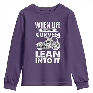 Funny Biker Youth Sweatshirt When Life Throws You Curves Lean Into It Motorcycle TS02 Purple Print Your Wear