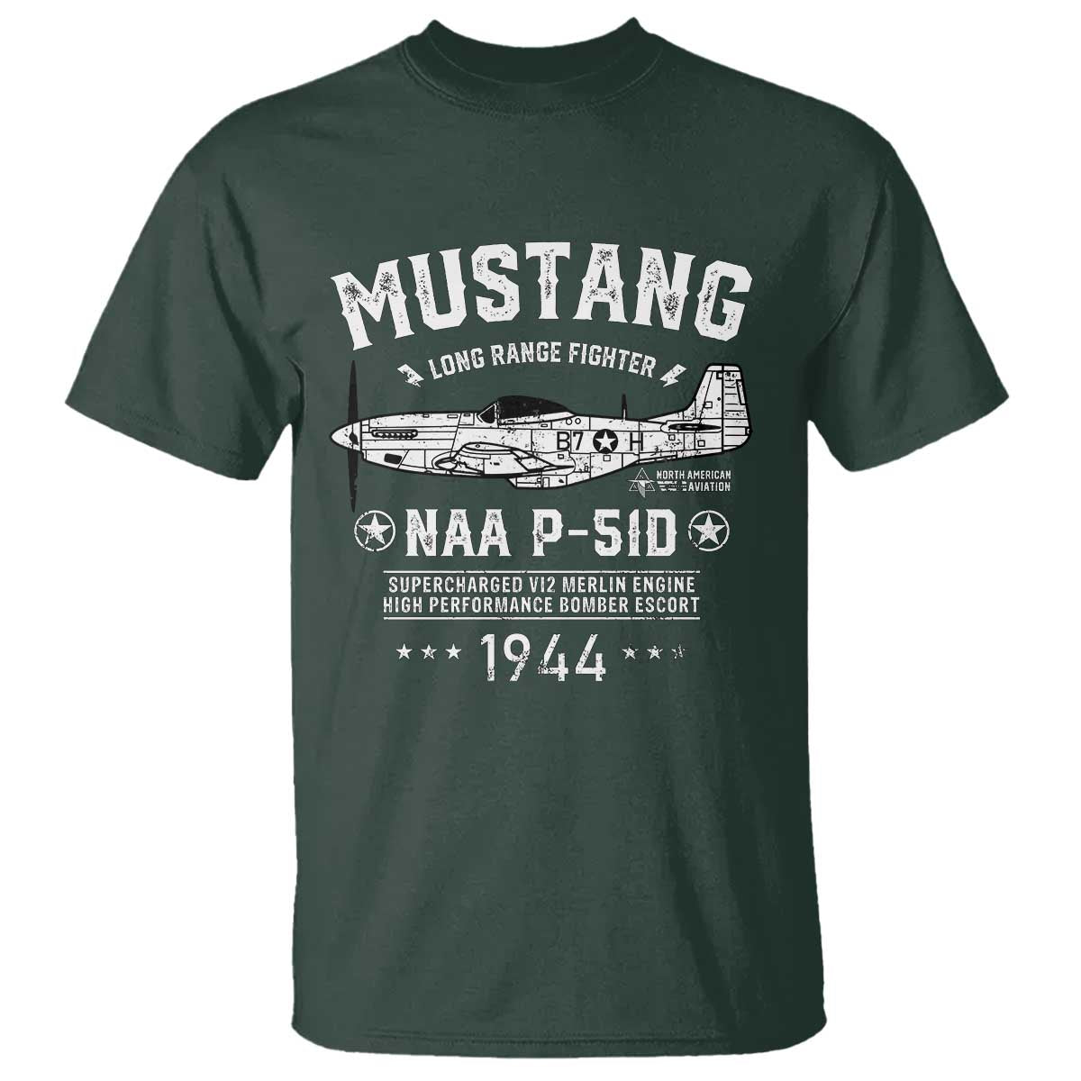 P-51 Mustang T Shirt North American Aviation WW2 P51 Fighter Plane TS02 Dark Forest Green Print Your Wear