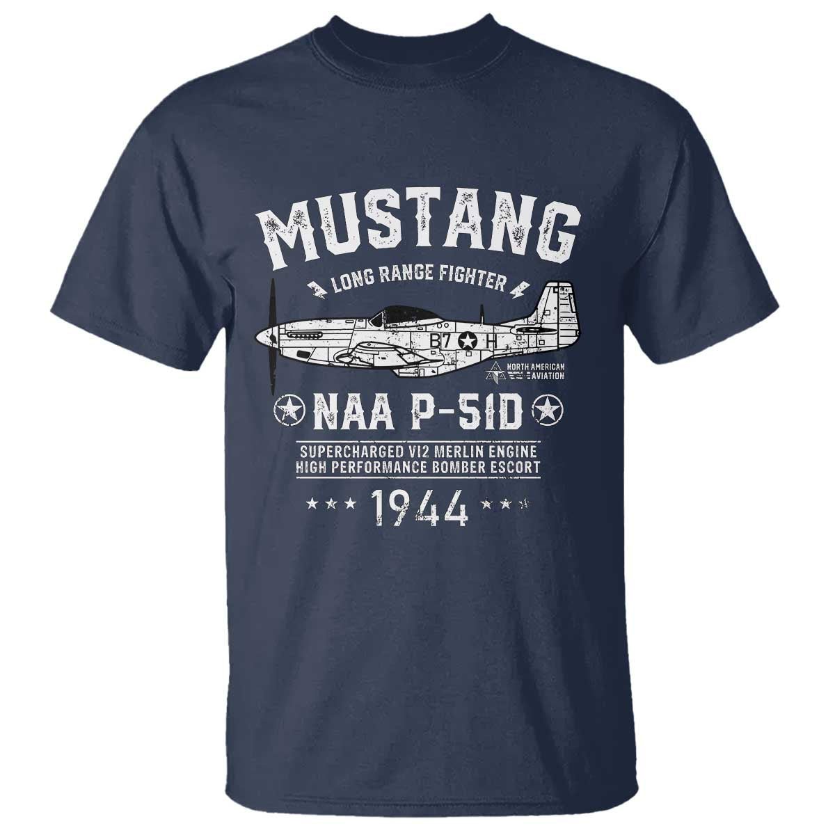 P-51 Mustang T Shirt North American Aviation WW2 P51 Fighter Plane TS02 Navy Print Your Wear