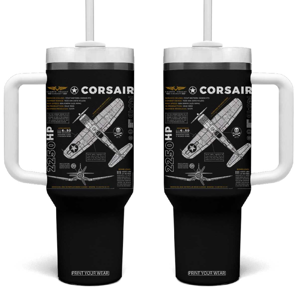 F4U Corsair Tumbler With Handle WW2 Fighter Plane US WWII Warbird Vintage TS02 One Size: 40 oz Black Print Your Wear