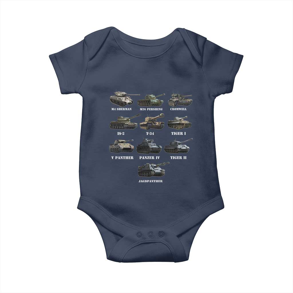 WW2 Tanks Baby Onesie M4 Sherman Panzer IV Tiger II T-34 History Buff TS02 Navy Print Your Wear