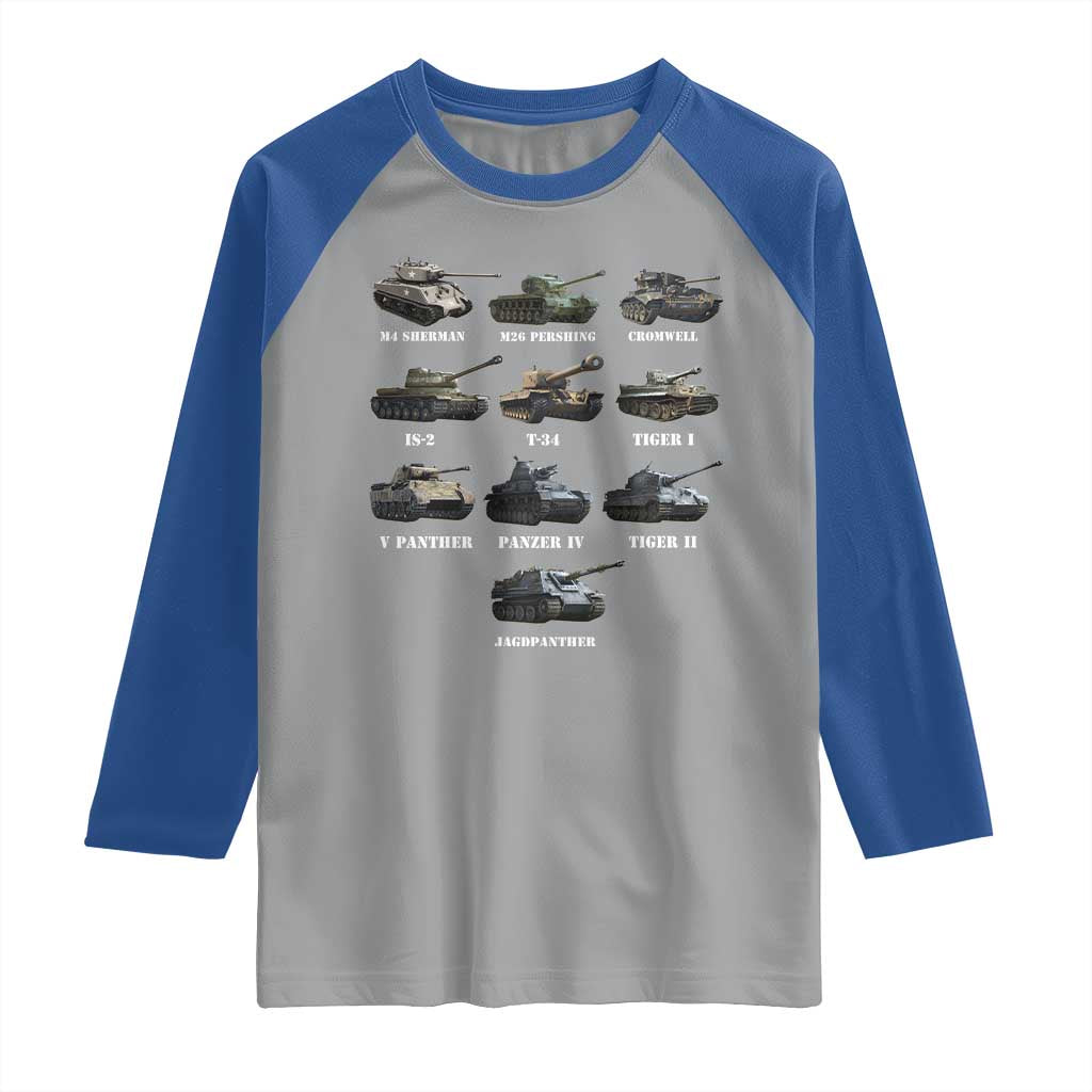 WW2 Tanks Raglan Shirt M4 Sherman Panzer IV Tiger II T-34 History Buff TS02 Sport Gray Royal Print Your Wear