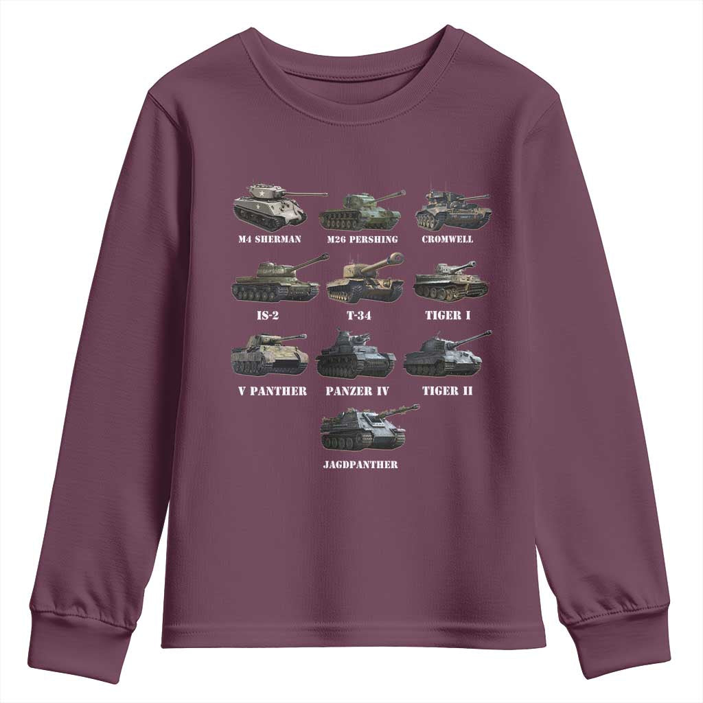 WW2 Tanks Youth Sweatshirt M4 Sherman Panzer IV Tiger II T-34 History Buff TS02 Maroon Print Your Wear