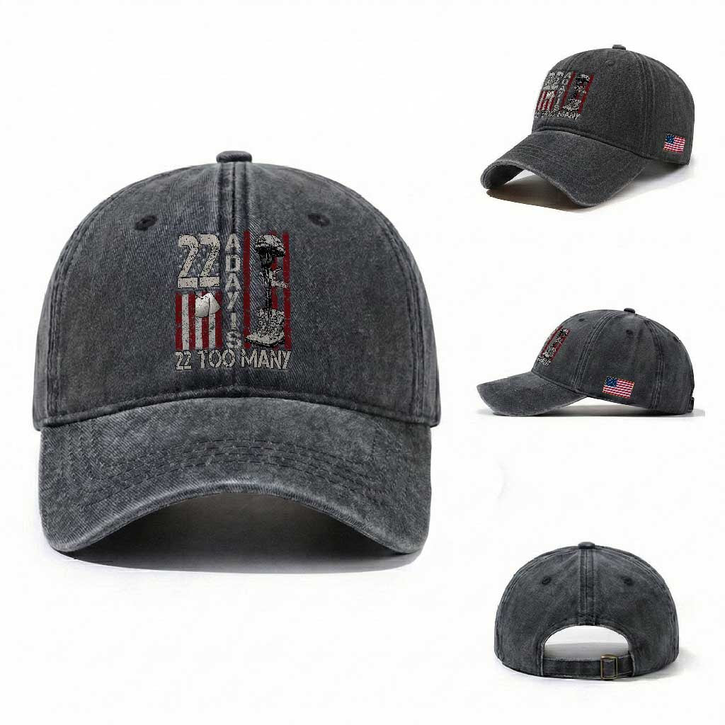 Veteran Suicide Awareness Washed Cotton Baseball Cap 22 A Day Is 22 Too Many TS02 Washed Cap Universal Fit Dark Gray Print Your Wear
