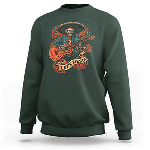 Day of the Dead Sweatshirt Mexican Skeleton With Guitar Machiari Musican Let's Fiesta Dia De Los Muertos TS02 Dark Forest Green Printyourwear