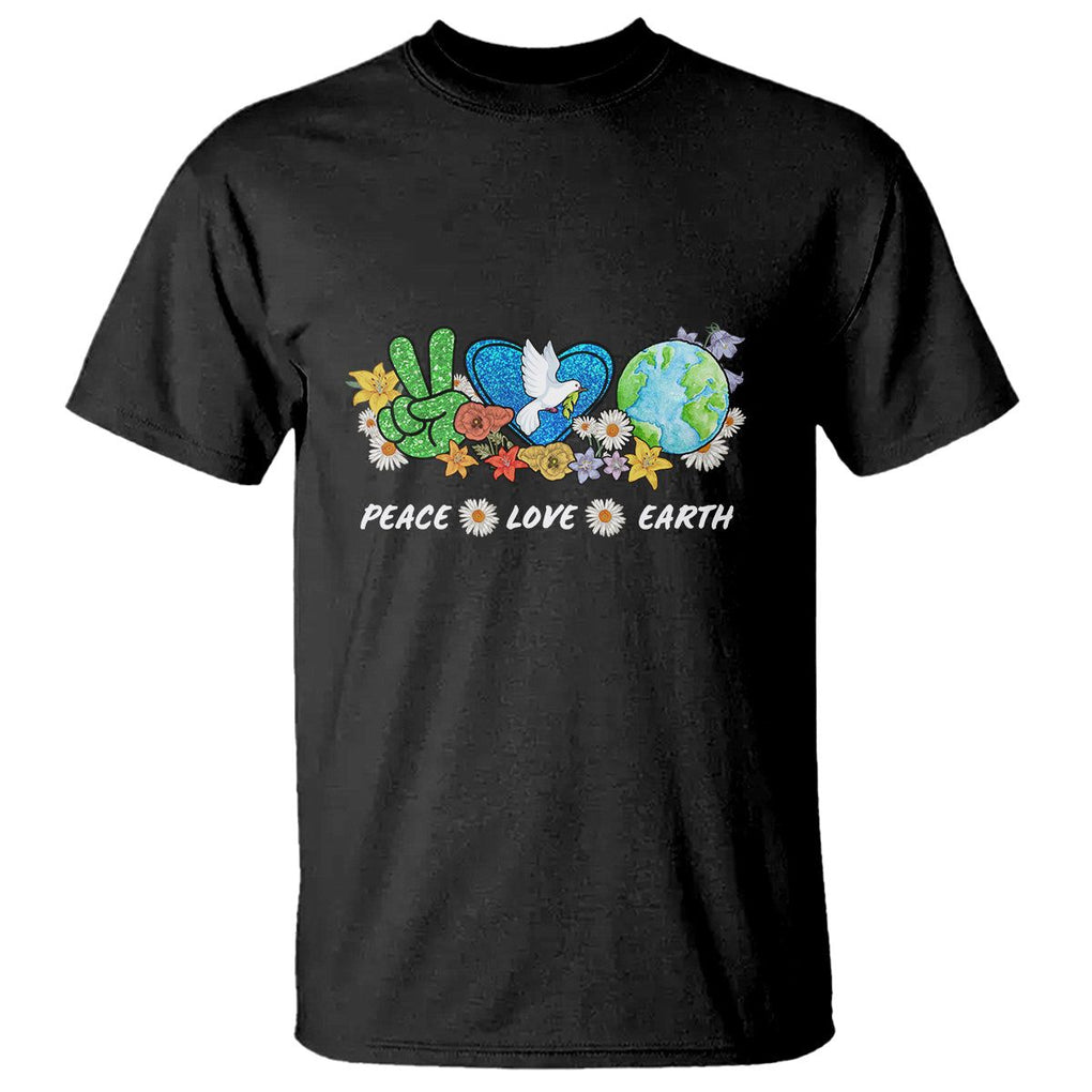 Peace Love Earth T Shirt Floral Green Planet Dove TS02 Black Printyourwear