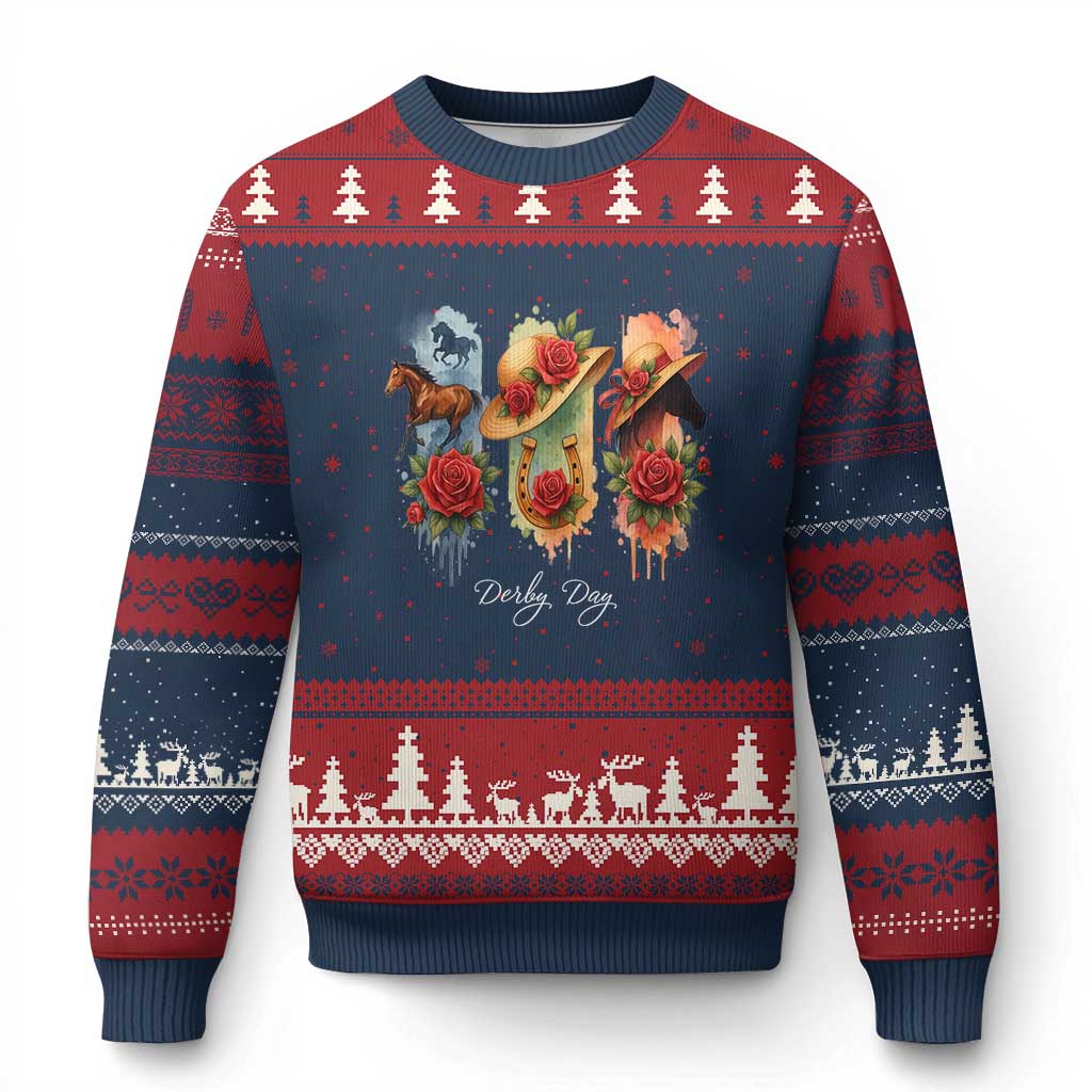 Ky Derby Day Ugly Christmas Sweater Horse Racing Nice Hat Mint Julep and Roses TS02 Navy Red Print Your Wear