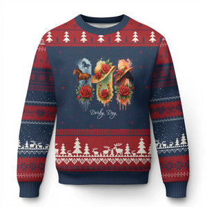 Ky Derby Day Ugly Christmas Sweater Horse Racing Nice Hat Mint Julep and Roses TS02 Navy Red Print Your Wear