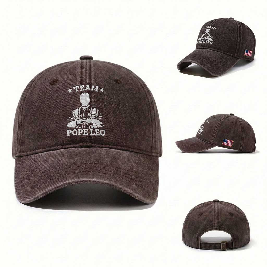 Team Pope Leo XIV Washed Cotton Baseball Cap Vintage Catholic Faith Historical Religious Support TS02 Washed Cap Universal Fit Dark Brown Print Your Wear