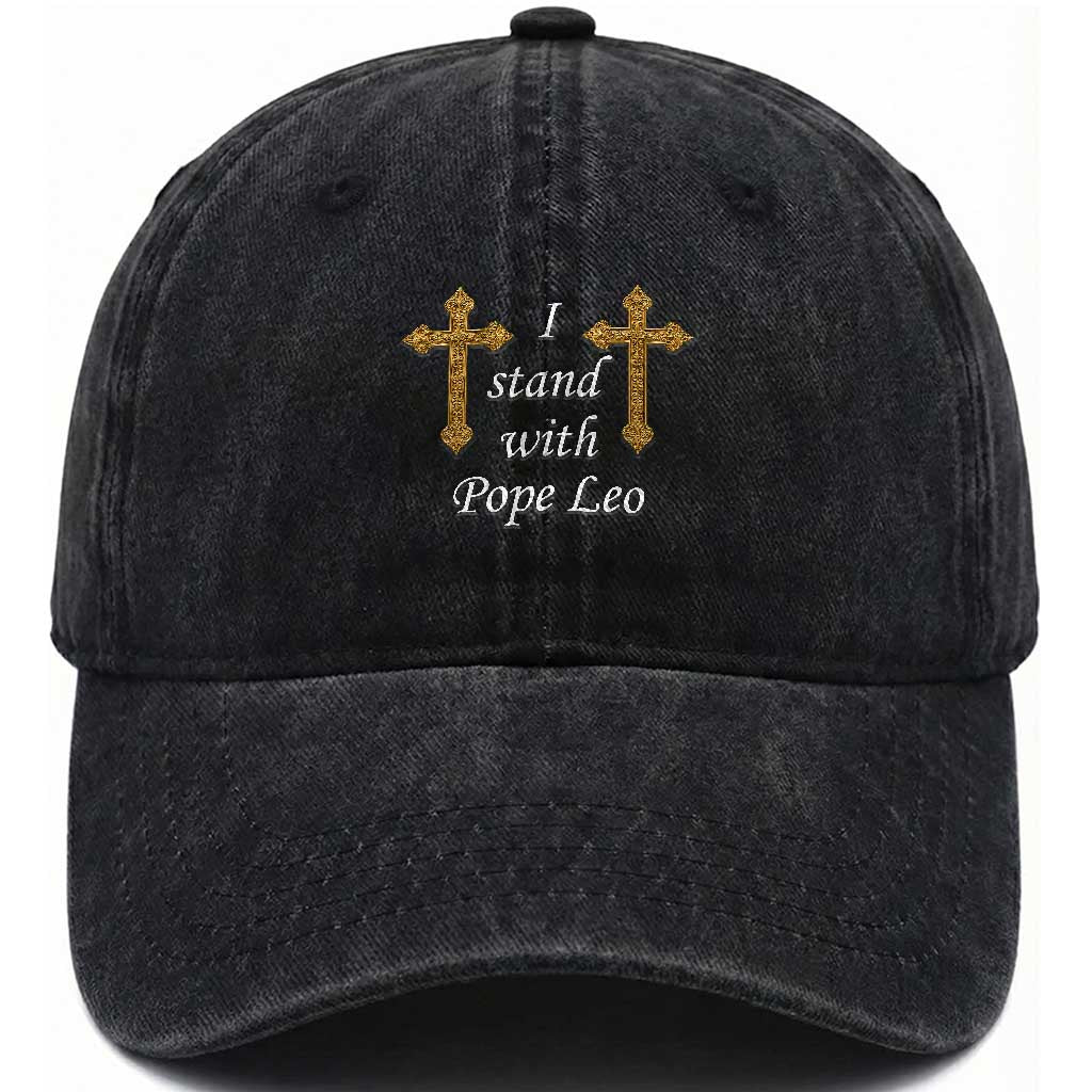 I Stand With Pope Leo Faith Graphic Washed Cotton Baseball Cap Catholic Ornate Gold Cross TS02 Print Your Wear