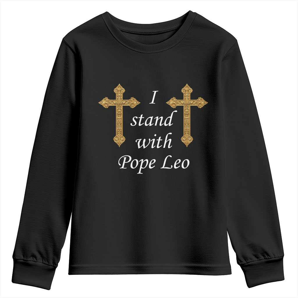 I Stand With Pope Leo Faith Graphic Youth Sweatshirt Catholic Ornate Gold Cross TS02 Black Print Your Wear