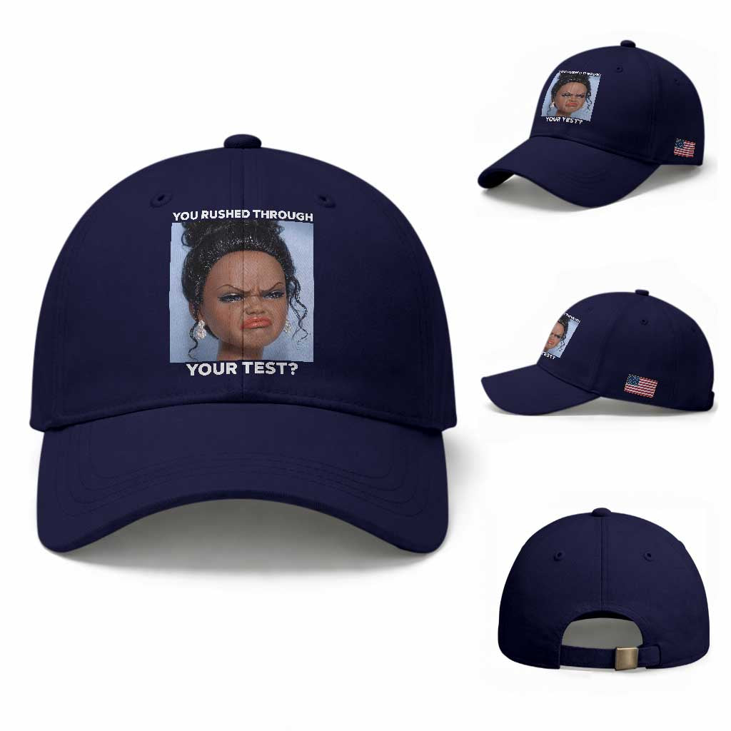 Funny You Rushed Through Your Test Doll Face Meme Baseball Cap Teacher Reaction Humor Testing Day TS02 Baseball Cap Universal Fit Dark Blue Print Your Wear