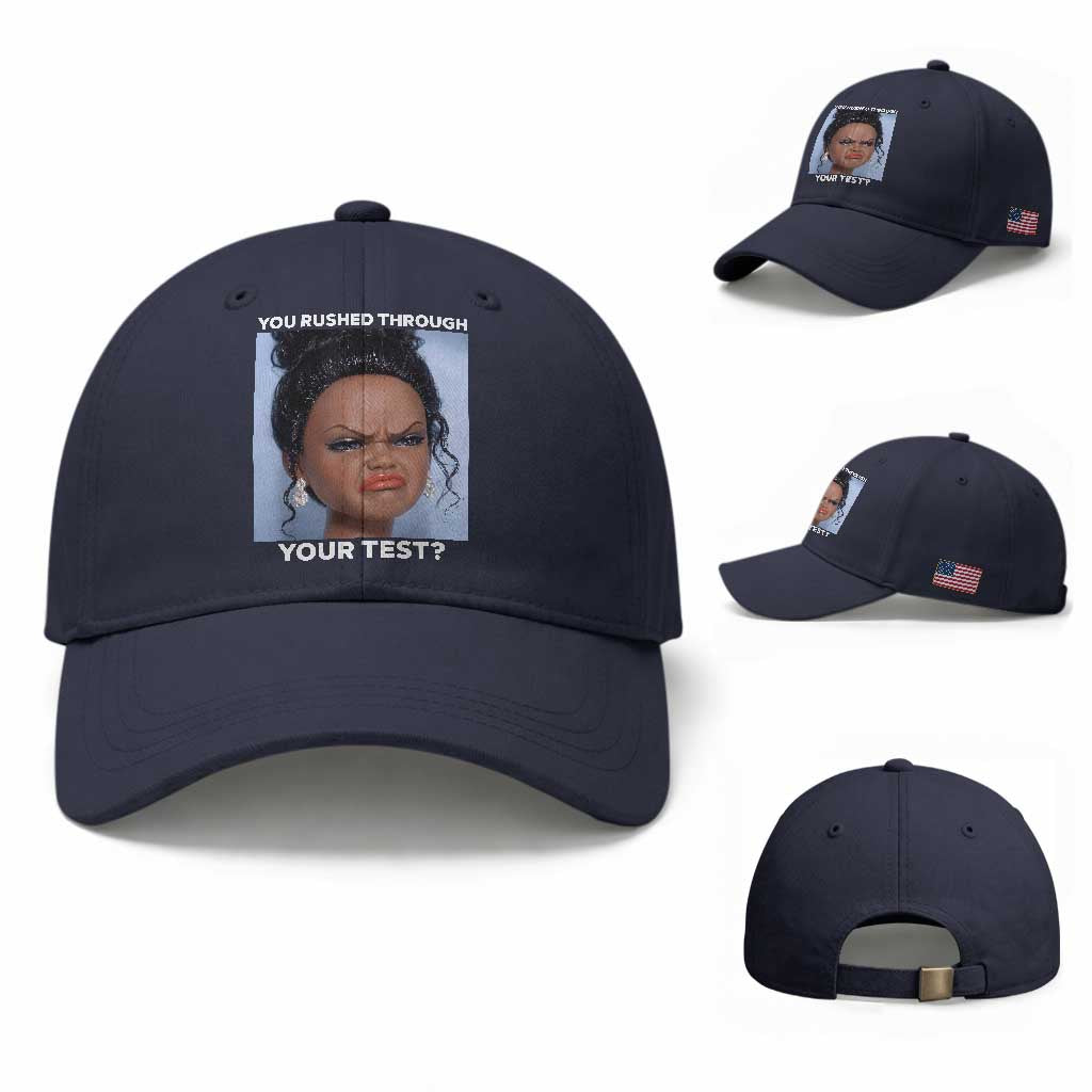 Funny You Rushed Through Your Test Doll Face Meme Baseball Cap Teacher Reaction Humor Testing Day TS02 Baseball Cap Universal Fit Navy Print Your Wear