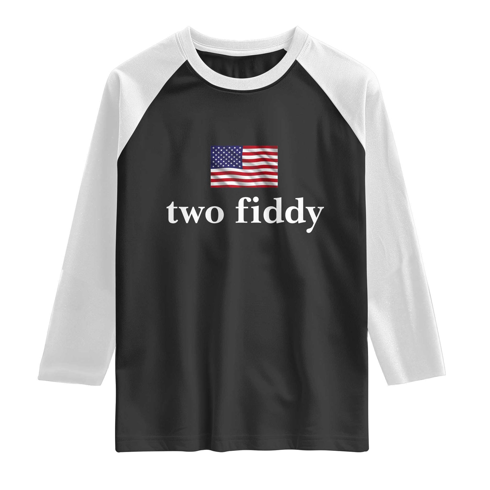 Two Fiddy America 250th Anniversary Minimalist Raglan Shirt Funny US American Flag Slang 1776 to 2026 Semiquincentennial TS02 Black White Print Your Wear