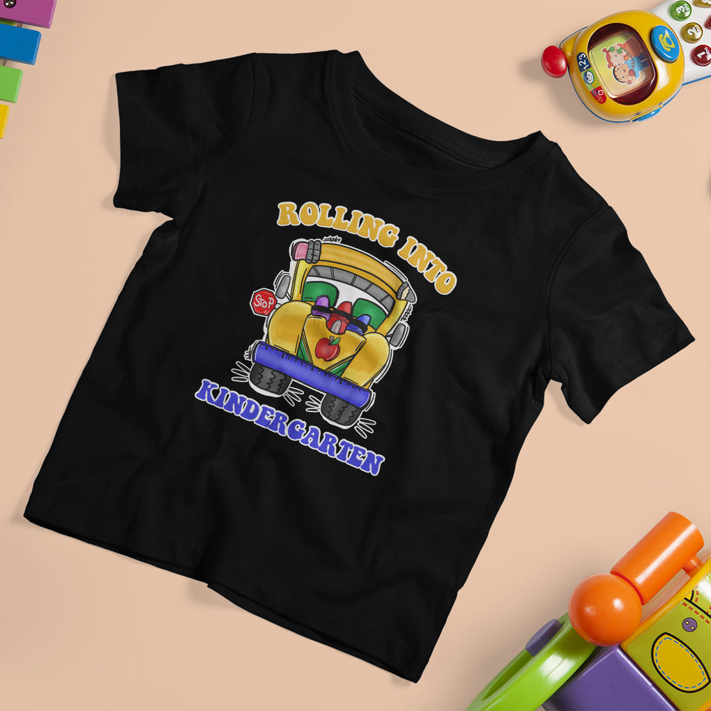 Kindergarten School Bus T Shirt For Kid Rolling Into Kinder 1st Day Of School TS02 Black Printyourwear