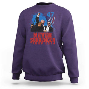 Trump Raised Fist Sweatshirt Never Surrender Support President 45 47 TS02 Purple Print Your Wear