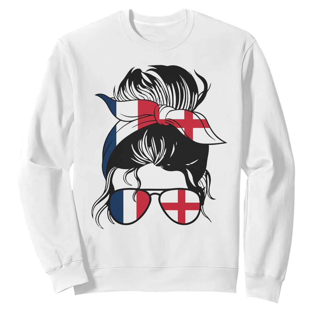 Proud France England Flag Messy Bun Bandana Sunglasses Graphic Sweatshirt French Anglo English Heritage Roots Woman TS02 White Print Your Wear