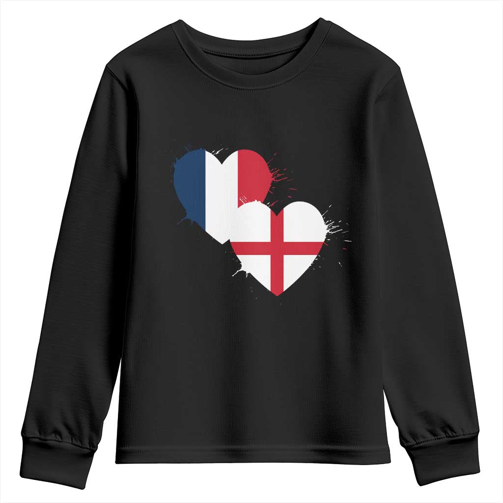 France England Flag Hearts Splatter Graphic Youth Sweatshirt Anglo English French Heritage Love Unity TS02 Black Print Your Wear