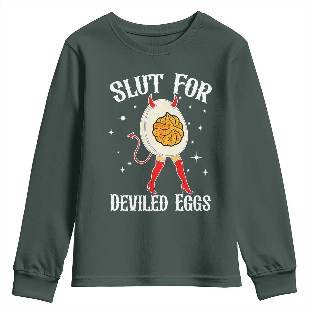 Funny Slut for Deviled Eggs Youth Sweatshirt Funny Naughty Thanksgiving Potluck TS02 Dark Forest Green Print Your Wear