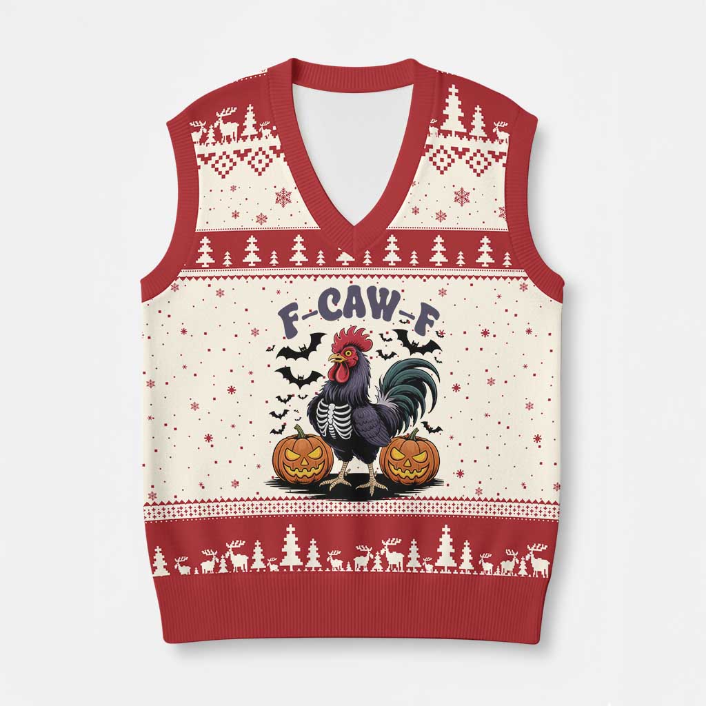 F Caw F Halloween Chicken Skeleton V-Neck Knit Sweater Vest Spooky Funny Rooster Meme TS02 Beige Red Print Your Wear