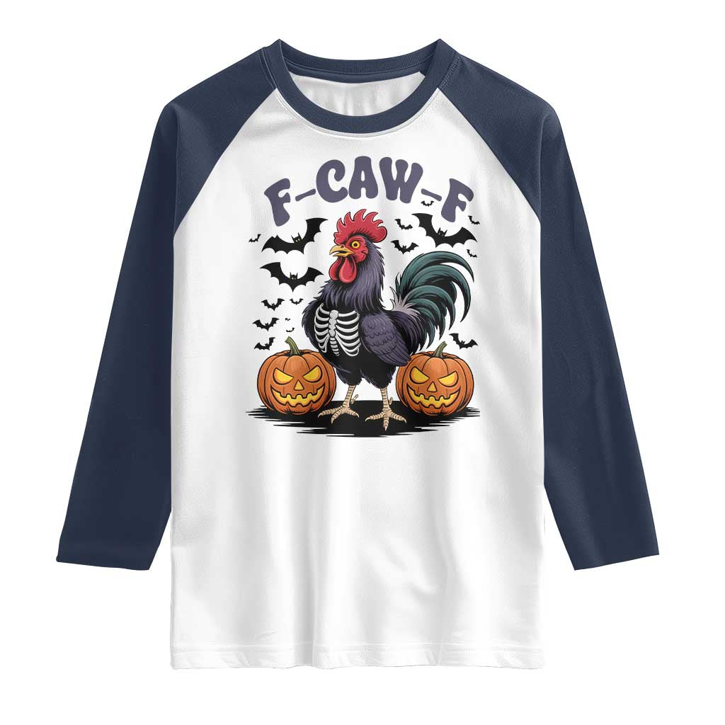 F Caw F Halloween Chicken Skeleton Raglan Shirt Spooky Funny Rooster Meme TS02 White Navy Print Your Wear