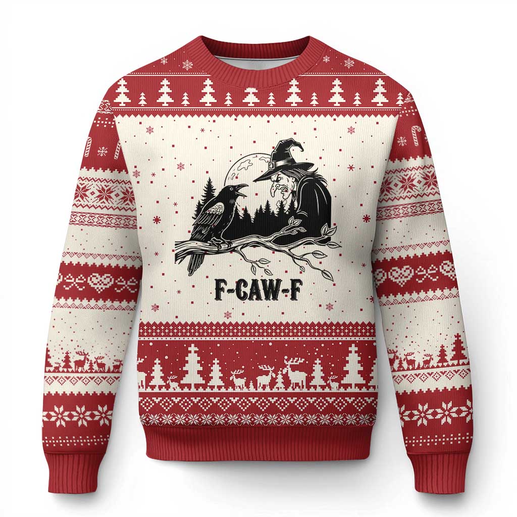 F Caw F Gothic Raven and Witch Ugly Christmas Sweater Funny Halloween Spooky October Vibes TS02 Beige Red Print Your Wear