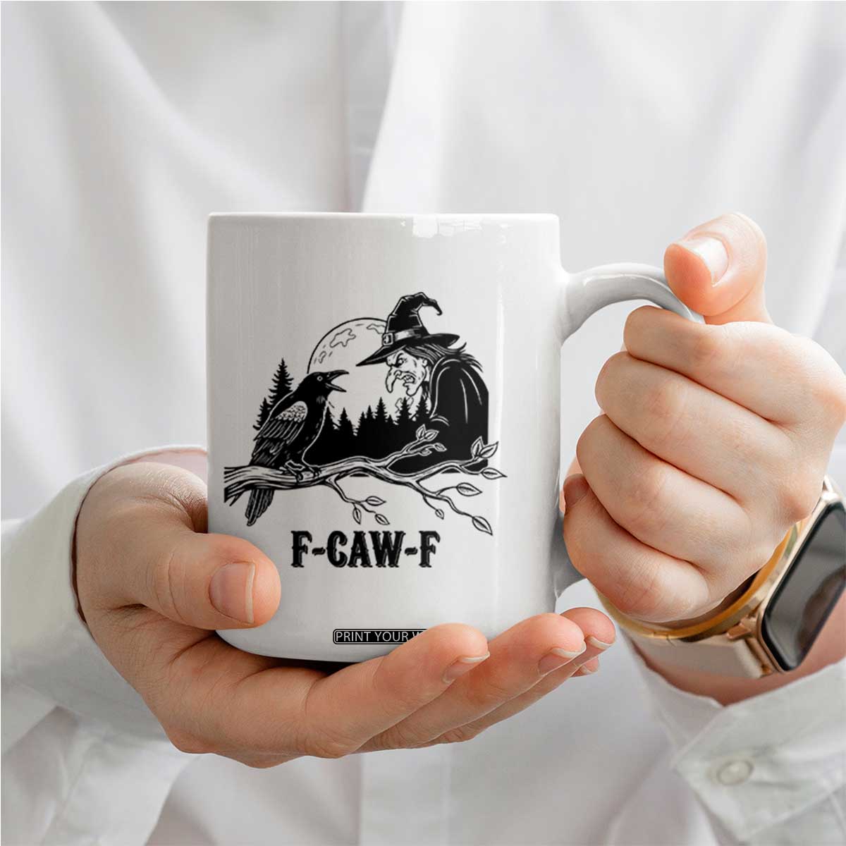 F Caw F Gothic Raven and Witch Coffee Mug Funny Halloween Spooky October Vibes TS02 Print Your Wear