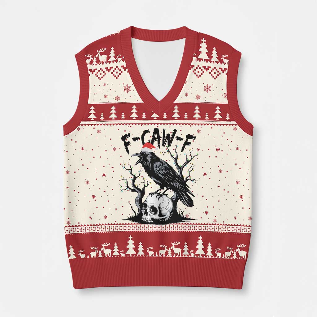 F Caw F Gothic Xmas Raven V-Neck Knit Sweater Vest With Skull Funny Dark Holiday Humor Spooky Season TS02 Beige Red Print Your Wear