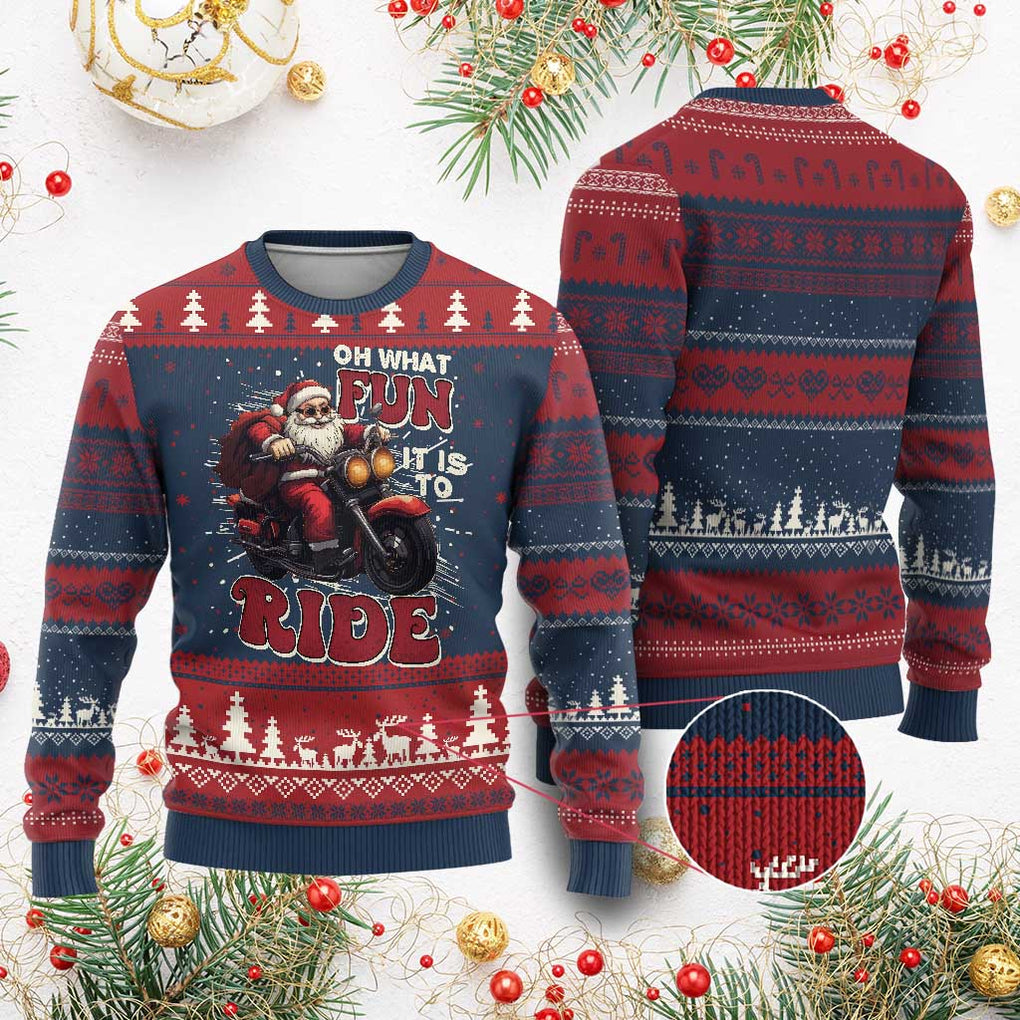 Biker Santa Claus Ugly Christmas Sweater Oh What Fun It Is To Ride Motorcycle Xmas TS02 Burgundy Print Your Wear