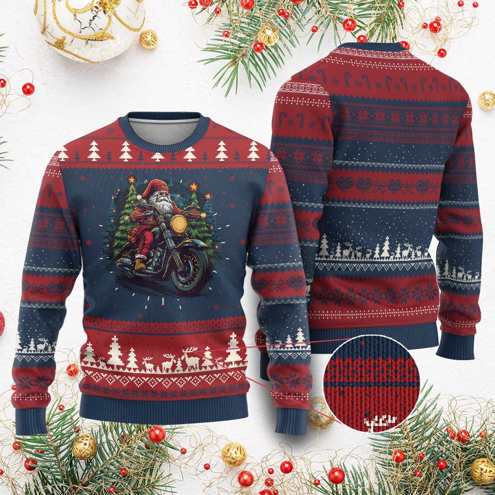 Biker Santa Claus Ugly Christmas Sweater Riding Motorcycle Christmas TS02 Burgundy Print Your Wear