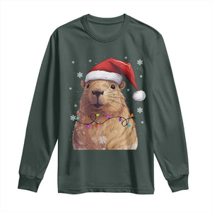 Capybara Christmas Long Sleeve Shirt Funny Santa Capy Meme Xmas Vibe TS02 Dark Forest Green Print Your Wear