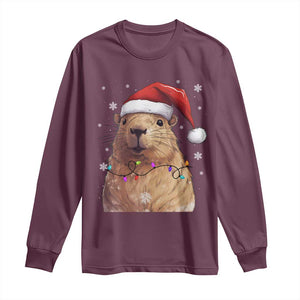 Capybara Christmas Long Sleeve Shirt Funny Santa Capy Meme Xmas Vibe TS02 Maroon Print Your Wear