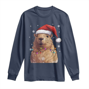 Capybara Christmas Long Sleeve Shirt Funny Santa Capy Meme Xmas Vibe TS02 Navy Print Your Wear