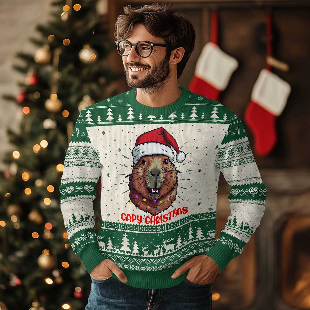 Funny Xmas Capybara Ugly Christmas Sweater Capy Christmas Meme Santa Hat TS02 Green Print Your Wear