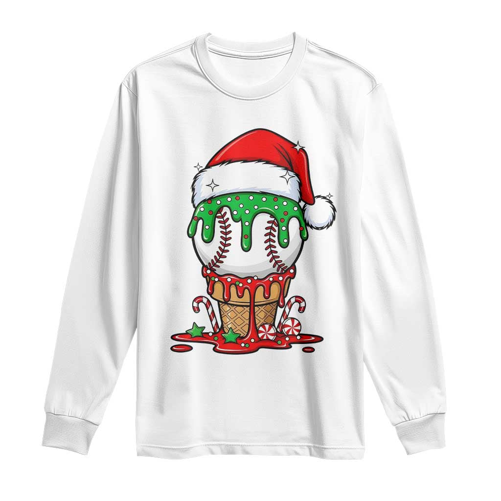 Cute Baseball Christmas Icecream Dripping Long Sleeve Shirt Holiday Ice Cream Cone with Santa Hat TS02 White Print Your Wear
