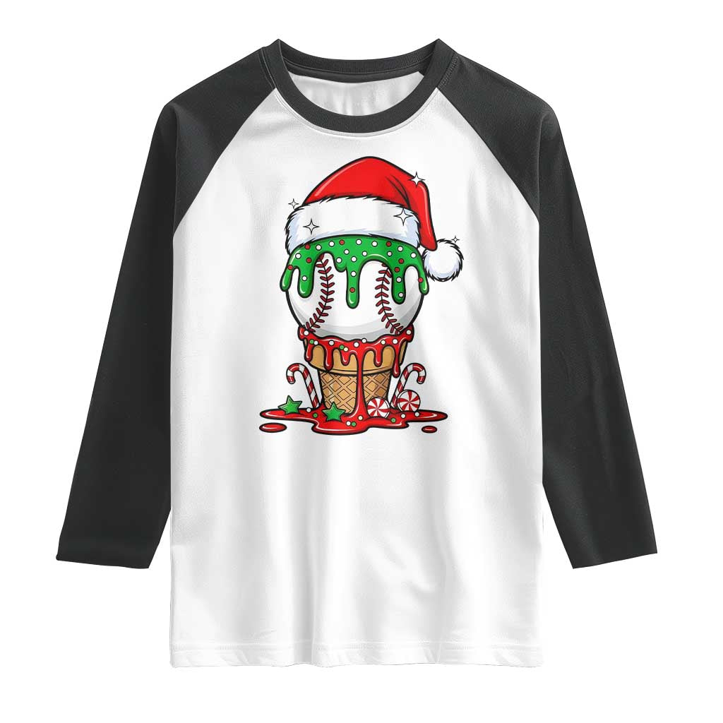 Cute Baseball Christmas Icecream Dripping Raglan Shirt Holiday Ice Cream Cone with Santa Hat TS02 White Black Print Your Wear