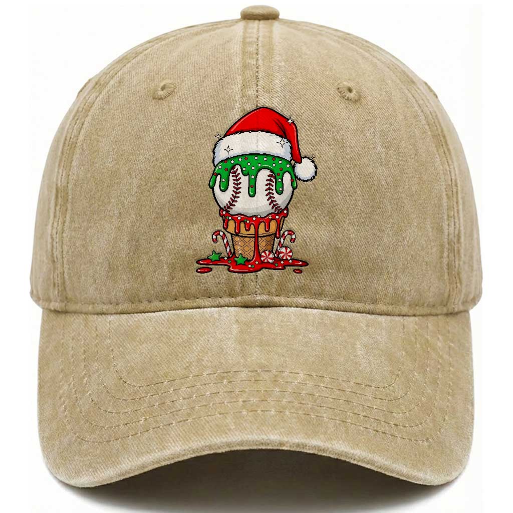 Cute Baseball Christmas Icecream Dripping Washed Cotton Baseball Cap Holiday Ice Cream Cone with Santa Hat TS02 Washed Cap Universal Fit Khaki Print Your Wear